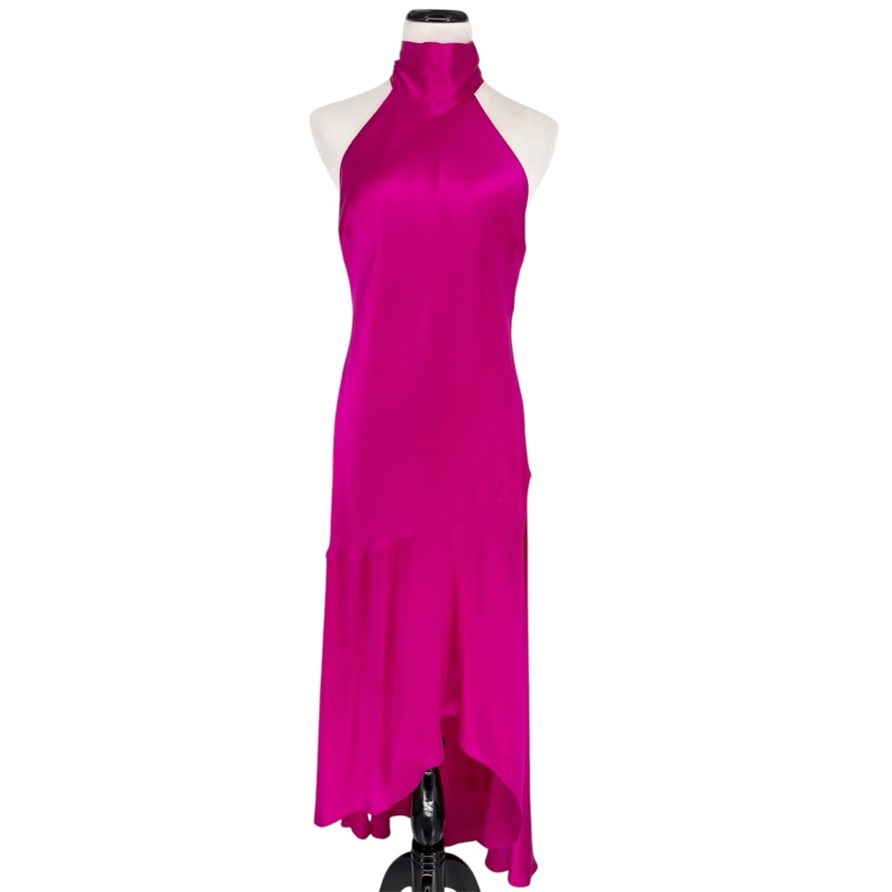Frame Draped Halter Silk Tie Neck High Low Asymmetrical Gown Midi Dress Large